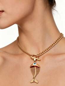 1PC Fishbone Pendant Toggle Choker Necklace, Bold Cuban Chain Statement Necklace - 1PC - View 3