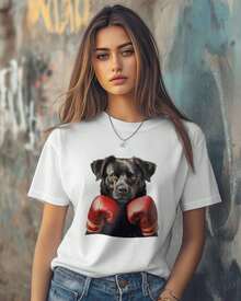 Camisetas para Mujer de Manga Corta de Algodón con Cuello Redondo, Camisetas Divertidas con Estampado de Perro Negro Boxeador, Camisetas Básicas Casuales, Tallas XS-5XL, Blanco XS - Blanco - Ver 3