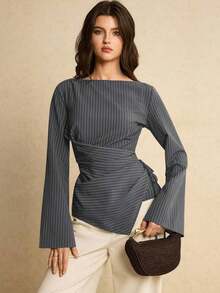 Camisa de mujer a rayas con pliegues, de uso versátil y casual para el día a día - Gris - Ver 6