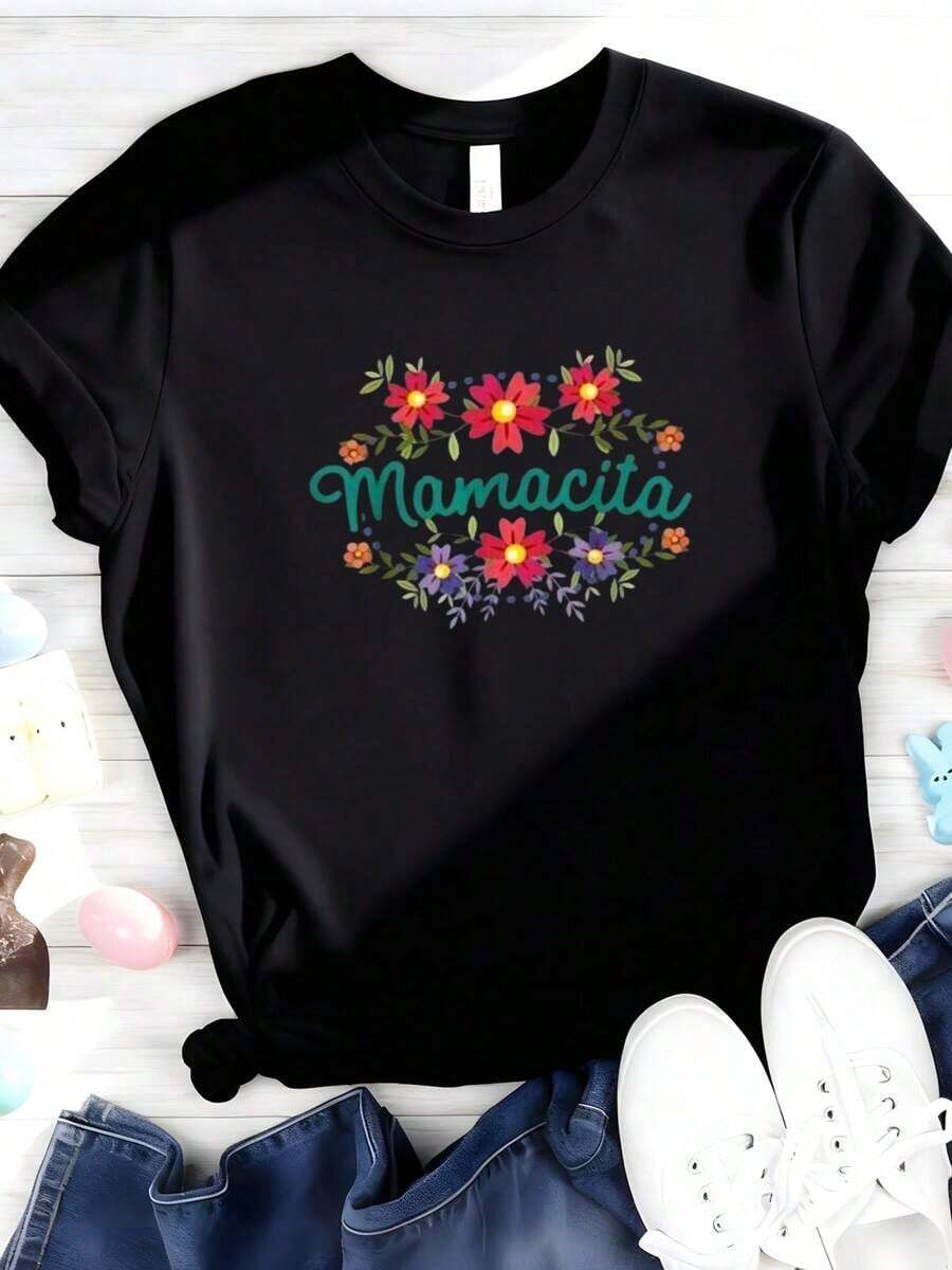 1 Piece Of Mamacita T-Shirt For Latin Women, Printed Cotton, T--4180g, 100% Cotton. - Black 1 - 查看 1