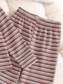 2pcs Girls Casual Striped Collar Long Sleeve Top And Pants Set, Spring/Summer/Autumn - Coffee Brown - View 6
