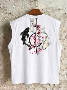 FRACTYR Áo ba lỗ nam mùa hè phong cách đường phố thường ngày in hình kiếm Samurai Koi, áo ba lỗ streetwear Nhật Bản dáng rộng cổ tròn, chất liệu mềm mại - trắng - Xem 4