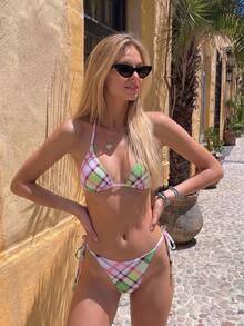 Summer New Gentle Plaid Watercolor Ombre Print Halter Bikini, Vacation Atmosphere Tied Two Pieces Swimsuit - Multicolor - View 1