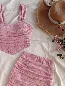 Women's Tiny Floral Print Camisole Top And Pleated Mini Skirt Set, Vacation Style, Beach Outfits, Spring And Summer Outfits For Women, Western Music Festival, Boho Bohemian Holiday Outfits - 黑色 - 查看 4