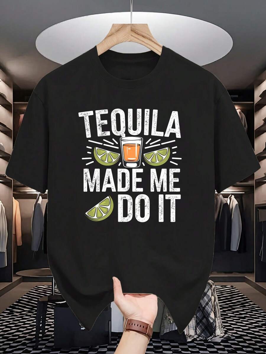1016 TEQUILA MADE ME DO IT Camiseta para Hombre - Estampado de Bebida Mexicana con Temática de Tequila, con Diseño de Limón, Camiseta Casual de Manga Corta y Cuello Redondo para Verano, para Fiestas, Bares y Uso Casual - Prenda Ligera con Diseño de Tequila para Hombre - Negro - Ver 1