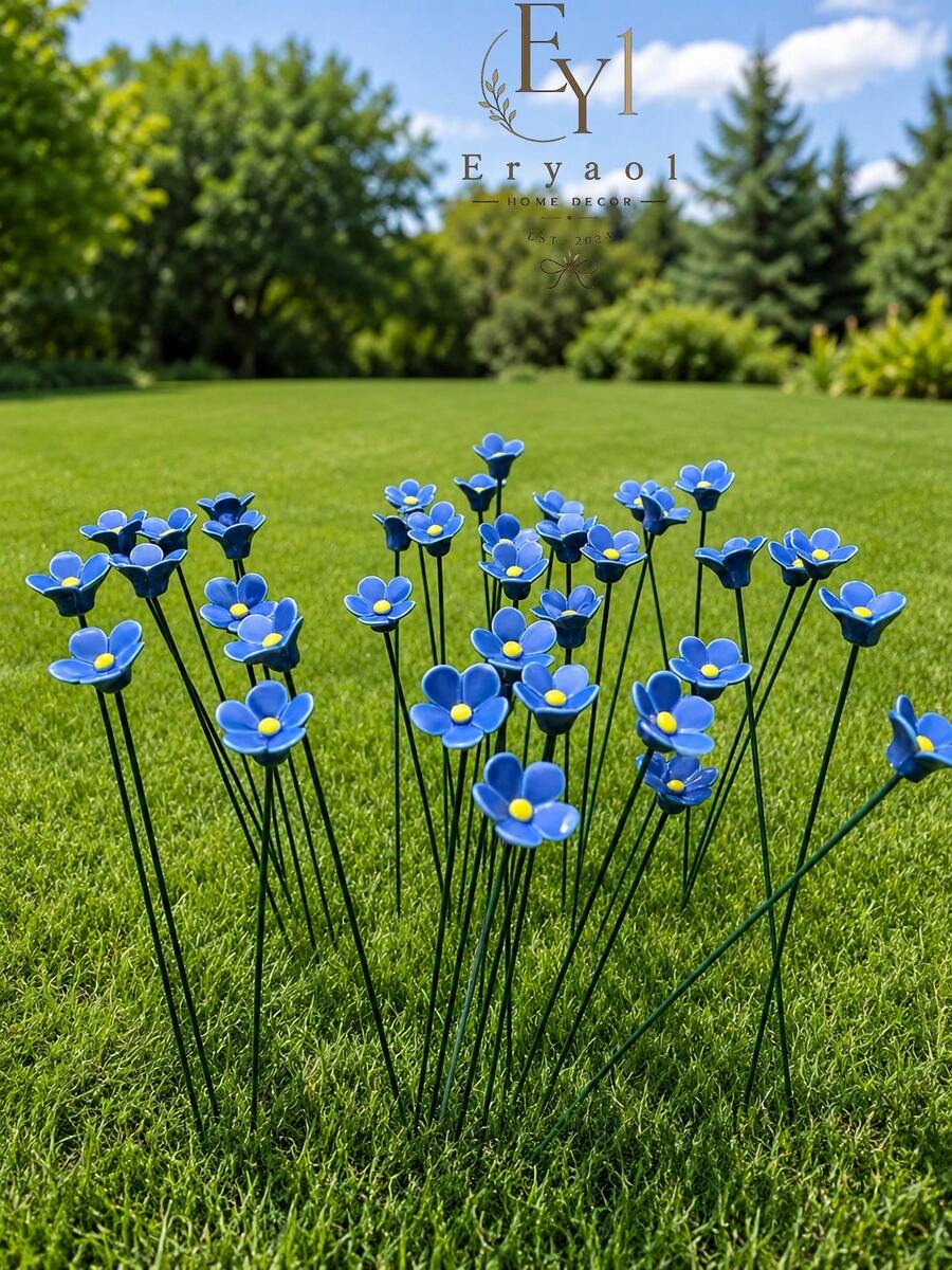 5/10pcs Set Forget-Me-Not Ceramic Flowers, Handcrafted Fade-Resistant Pottery Decor. Suitable For Indoor/Outdoor Use – Perfect Gift For Valentine's Day, New Year, Easter. Seasonal Decoration, Home Decor, Artistic Home Accents, Preserved - Blue - View 1