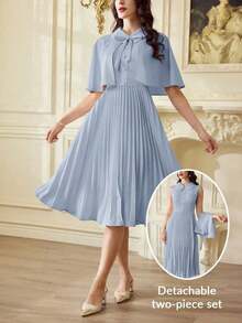 Conjunto elegante vintage clásico de 2 piezas para mujer con capa y mantón de primavera y verano, y vestido con cuello plisado en beige para vacaciones, atuendos de verano para mujer, atuendos casuales de negocios para mujer, atuendos de primavera para mujer, atuendos de profesora para mujer, atuendos de festival para mujer, vestido de Pascua para mujer, ropa de mujer para vacaciones tropicales, vestidos blancos para mujer, vestidos de cumpleaños para mujer, conjuntos de 2 piezas, ropa de iglesia para señoras, vestido de graduación para mujer - Celeste - Ver 1