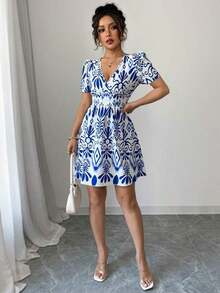 Vestido mini ajustado con fruncido e impresión para mujer - Azul - Ver 4