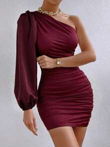 Vestido mini ajustado con mangas de farol y fruncido de unicolor para mujer - Burdeos - Ver 6