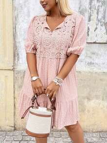 Vestido de verano casual con cuello redondo y pliegues para mujer de talla grande - Rosa - Ver 7
