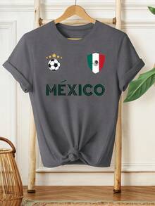 Plus Size - Plus Size - New Women's Summer Short Sleeve T-Shirt With Mexican Flag Emblem, Soccer, Five Stars And The Word 'Mexico', Designed For Casual And Stylish Wear - 深灰色 - 查看 5