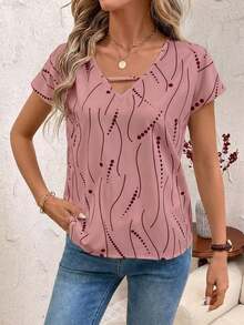 Blusa de mujer con detalles de rayas de contraste y calados, top de manga corta - Rosa 2 - Ver 3