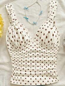 Camiseta de mujer elegante para vacaciones, de tela de punto a lunares, con tirantes retorcidos y fruncidos, de ajuste ceñido, adecuada para vacaciones, citas, té de la tarde, playa, crucero, viaje a la ciudad, vacaciones en la isla, festival de música, vacaciones bohemias, se puede usar por dentro o por fuera - Amarillo claro - Ver 6
