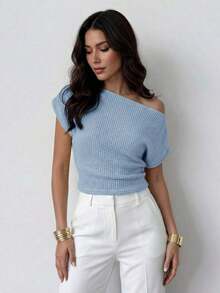 de mujer con cuello asimétrico texturizado y mangas tipo murciélago, de tela perforada, adecuada para primavera/verano, para ir al trabajo, elegante, casual, diaria, para vacaciones casuales y de ocio, elegante, para ir al trabajo, para volv - Celeste - Ver 6