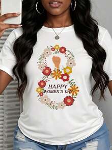 Feliz Día Internacional de la Mujer, Camiseta de Manga Corta para Mujer con Estampado de Corona Floral y Puño, Ropa Casual para Celebración, Camiseta de Algodón - Blanco - Ver 7
