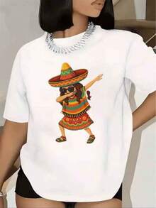 Camiseta estampada 2026Women T Shirt Mexican Girl Dabbing Pattern Print Short Sleeve Round Neck For Fiesta Party Summer Casual Wear 220g,Camisetas para hombre, camisetas para mujer, camisetas modernas para el día a día, camisetas del Mundial 2026, camisetas estampadas, ropa de Pascua, regalos para fans del anime. - Blanco - Ver 7
