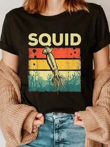 Camiseta Cool Squid para Hombres y Mujeres, Biólogo, Amante de Animales Marinos y Peces, Camiseta de Cuello Redondo y Manga Corta, Camiseta Gráfica Casual para Hombres y Mujeres, 100% Algodón - Negro - Ver 1