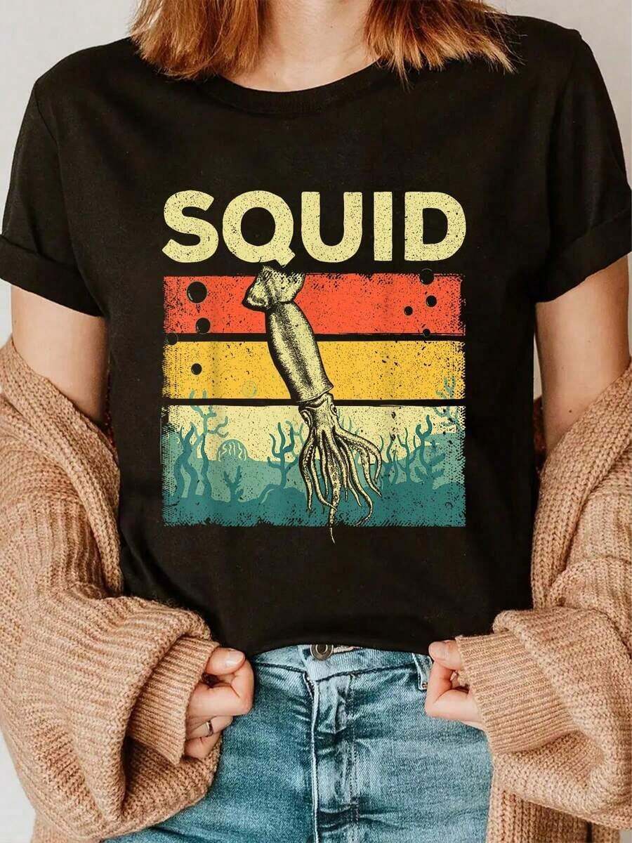 Camiseta Cool Squid para Hombres y Mujeres, Biólogo, Amante de Animales Marinos y Peces, Camiseta de Cuello Redondo y Manga Corta, Camiseta Gráfica Casual para Hombres y Mujeres, 100% Algodón - Negro - Ver 1