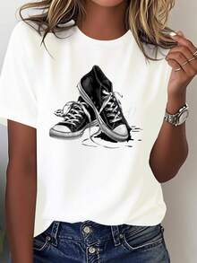 Zapatillas deportivas clásicas en blanco y negro, camiseta cómoda de algodón puro para mujer, blusa casual para mujer. - Blanco - Ver 7