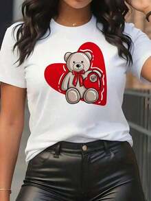 Fashion NEWde camiseta con estampado de oso de peluche y globo de corazón para mujer - Atuendo dulce y casual para el Día de San Valentín, top de manga corta con cuello redondo, suave y elástico, ropa casual cómoda para todas las estaciones (negro con diseño de corazón rojo) 180g 100% algodón suave-Vintage Street Style Unisex Loose Cotton Short Sleeve Crew Neck T-Shirt - Blanco - Ver 1