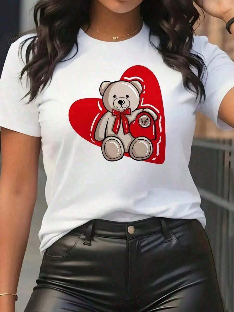 Fashion NEWde camiseta con estampado de oso de peluche y globo de corazón para mujer - Atuendo dulce y casual para el Día de San Valentín, top de manga corta con cuello redondo, suave y elástico, ropa casual cómoda para todas las estaciones (negro con diseño de corazón rojo) 180g 100% algodón suave-Vintage Street Style Unisex Loose Cotton Short Sleeve Crew Neck T-Shirt - Blanco - Ver 1