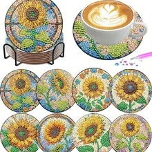8件套钻石画杯垫套装,带支架,DIY花卉图案钻石画杯垫套装,适合成人和初学者,钻石画工艺用品,精美礼品,送给朋友 - 花圖案 - 查看 2