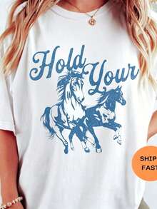 Camiseta 'Hold Your Horses', Camisetas Vaqueras Country Western para Mujer, Camiseta Retro Boho, Camiseta Gráfica Estética de Talla Grande Estilo Hippie, Camiseta Clásica de Algodón Grueso de Manga Corta, Camiseta Gráfica Estampada, Camiseta Casual de Manga Corta para Mujer - Blanco - Ver 7