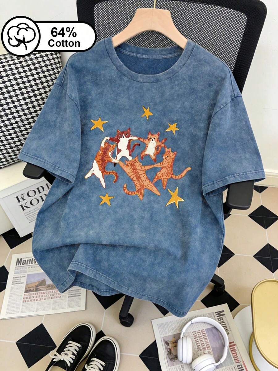 Camiseta Vintage Lavada com Estampa de Floco de Neve para Mulheres Plus Size, Estampa de Estrela e Gatinho, Casual de Gola Redonda e Manga Curta, Top de Verão, Camiseta Estampada Plus Size - Azul - Visão 1