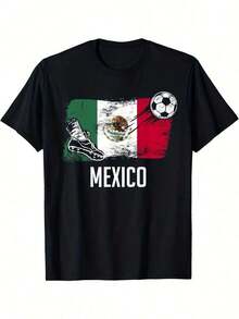 1 pieza Camisa de manga corta con estampado de México, de algodón, transpirable, ligera, de corte holgado, informal, para verano, 180g, 100% algodón. - Negro - Ver 1