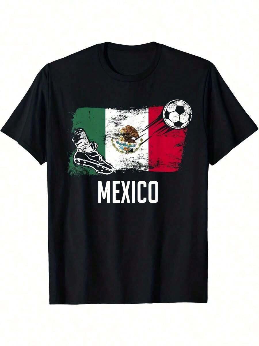 1 pieza Camisa de manga corta con estampado de México, de algodón, transpirable, ligera, de corte holgado, informal, para verano, 180g, 100% algodón. - Negro - Ver 1