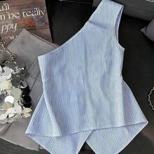 Fengyu Women's Clothing Store  Blusa de mujer con hombro asimétrico, rayas azules, cintura ceñida, hebilla metálica y decoración de estrella de mar - Negro - Ver 3