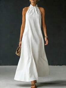 Women's Halter Neck Knot Front Sleeveless Maxi Dress, High Neck Flowy A-Line Floor-Length Dress, Casual Loose Fit Swing Dress For Beach Vacation, Resort Wear And Summer Daily - 白色 - 查看 1