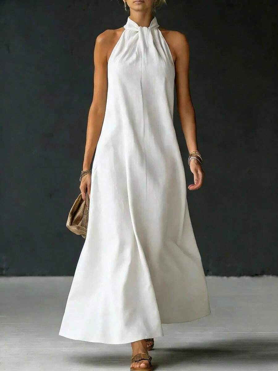 Women's Halter Neck Knot Front Sleeveless Maxi Dress, High Neck Flowy A-Line Floor-Length Dress, Casual Loose Fit Swing Dress For Beach Vacation, Resort Wear And Summer Daily - 白色 - 查看 1