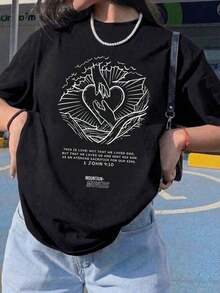Camiseta divertida, Camisetas Oversized, Camisetas básicas para mujer, Camiseta de manga corta con estampado retro para mujer, Top oversize con estampado de corazón estético, Camiseta casual de cuello redondo a la moda para usar en capas, Adecuada para uso diario, estilo urbano, salidas de verano y vacaciones, Camiseta conmemorativa, Camisetas básicas para mujer, Camisetas casuales con letras para mujer, Promoción de nuevo lanzamiento QKKR - Negro - Ver 9