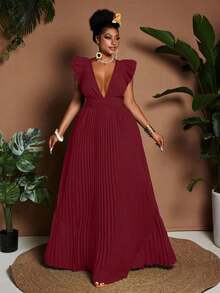 Maweii Vestido elegante con cuello en V, mangas cortas, espalda descubierta y pliegues, talla grande - Burdeos 2 - Ver 7