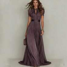 Vestido elegante de nueva colección verano, cuello en V, cintura marcada y volantes, vestido estampado para mujer - Morado - Ver 10