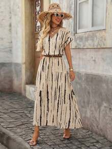 Vestido de mujer de manga corta holgado con cuello en V y medio abierto, de tela texturizada, adecuado para exteriores y vacaciones, primavera/verano - Caqui 2 - Ver 2