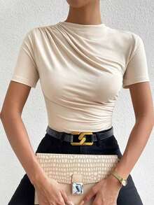 Body de camiseta ajustado unicolor fruncido - Beis - Ver 5