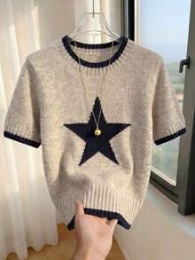 Nueva llegada Primavera/Verano Estilo coreano Casual Suelta Personalizada Blusa de punto de mujer a rayas de color contrastante - Caqui 3 - Ver 1