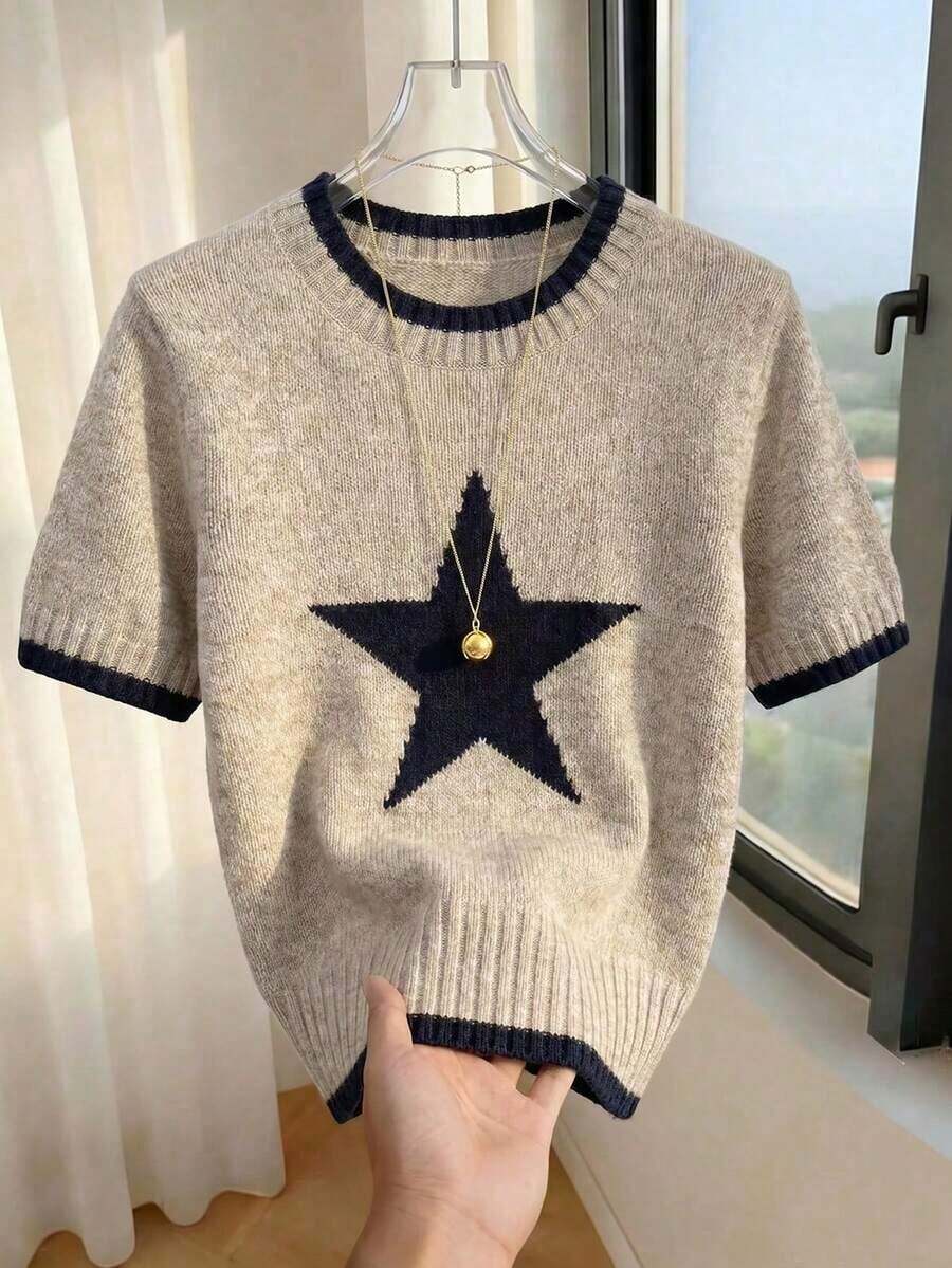 Nueva llegada Primavera/Verano Estilo coreano Casual Suelta Personalizada Blusa de punto de mujer a rayas de color contrastante - Caqui 3 - Ver 1