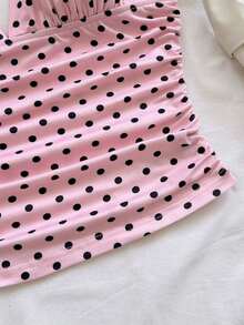 Camiseta de mujer elegante para vacaciones, de tela de punto a lunares, con tirantes retorcidos y fruncidos, de ajuste ceñido, adecuada para vacaciones, citas, té de la tarde, playa, crucero, viaje a la ciudad, vacaciones en la isla, festival de música, vacaciones bohemias, se puede usar por dentro o por fuera - Rosa - Ver 4