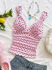 Camiseta de mujer elegante de vacaciones de tela de punto con estampado de lunares, con tirantes retorcidos y fruncidos, de ajuste ceñido, adecuada para vacaciones, citas, té de la tarde, playa, crucero, viaje a la ciudad, vacaciones en la isla, festival de música, vacaciones bohemias, se puede usar por dentro o por fuera.Parte superior con estampado de lunares, top de tirantes con estampado de lunares, blusas de verano lindas para mujer con estampado de lunares, top básico con estampado de lunares - Rosa - Ver 5
