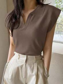 Suéter holgado de punto de unicolor con cuello, estilo casual y de negociospara mujer - Café integral - Ver 1