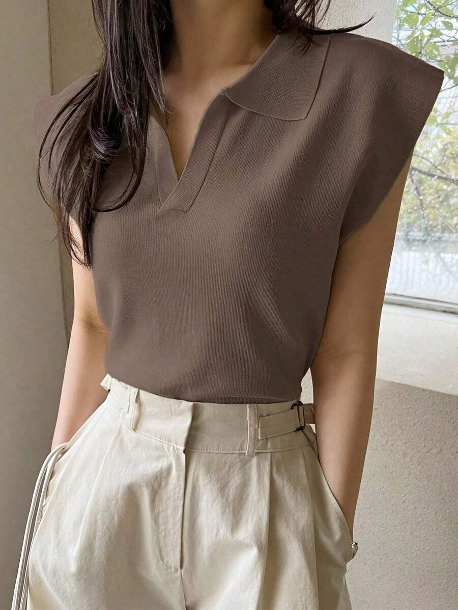 Suéter holgado de punto de unicolor con cuello, estilo casual y de negociospara mujer - Café integral - Ver 1