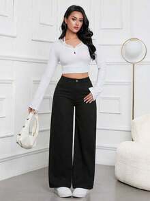 Jeans rectos y sueltos informales con bolsillos para mujeres - Negro - Ver 4
