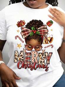 Maweii Camiseta Blanca de Manga Corta para Mujer con Estampado de Personajes Navideños y Letras de Leopardo, Camisetas Gráficas para Mujer, Tops de Algodón - Blanco - Ver 5
