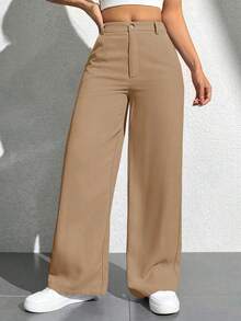 Pantalones casuales de pierna recta de unicolor con bolsillos para mujeres - Caqui - Ver 4