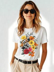 1 pieza de blusa elegante y novedosa para mujer con estampado floral de tigre, camiseta blanca y negra, 180g, 100% algodón. - Blanco - Ver 4