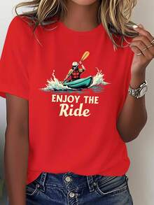 Camiseta de Mujer de Color Sólido con Estampado de Kayak y Canoa - Gris con el Eslógán Amarillo "Disfruta del Viaje", Ropa para Entusiastas del Paddleboard y Kayak, Camiseta Casual para Aventuras al Aire Libre, Adecuada para Todas las Temporadas. - Rojo - Ver 1
