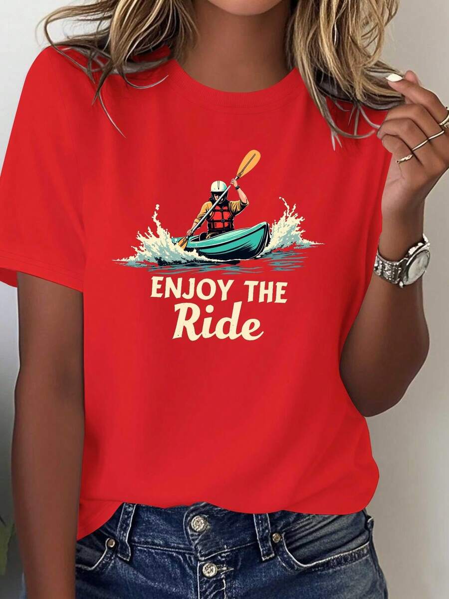 Camiseta de Mujer de Color Sólido con Estampado de Kayak y Canoa - Gris con el Eslógán Amarillo "Disfruta del Viaje", Ropa para Entusiastas del Paddleboard y Kayak, Camiseta Casual para Aventuras al Aire Libre, Adecuada para Todas las Temporadas. - Rojo - Ver 1